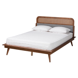 Baxton Studio Irina Mid-Century Modern Grey Fabric and Ash Walnut Finished Wood Queen Size Platform Bed